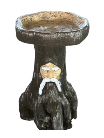 Bird bath with face in tree 